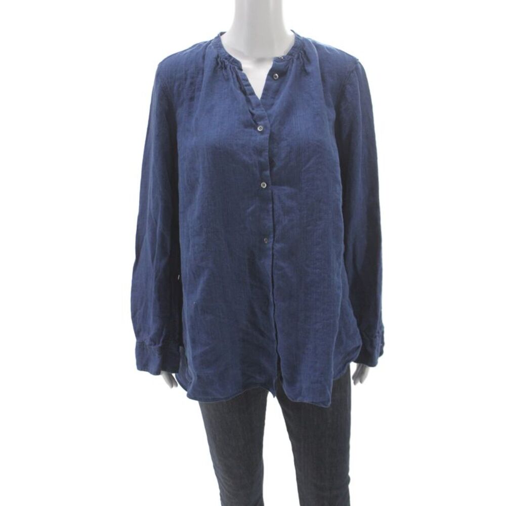 Aspesi Women Basic Blue 100% Linen Round Neck Long Sleeve Button-Up Size 12